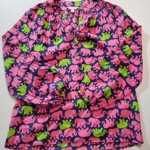 Lilly Pulitzer XS Vibrant Pink and Green Elephant Blouse 100% Silk